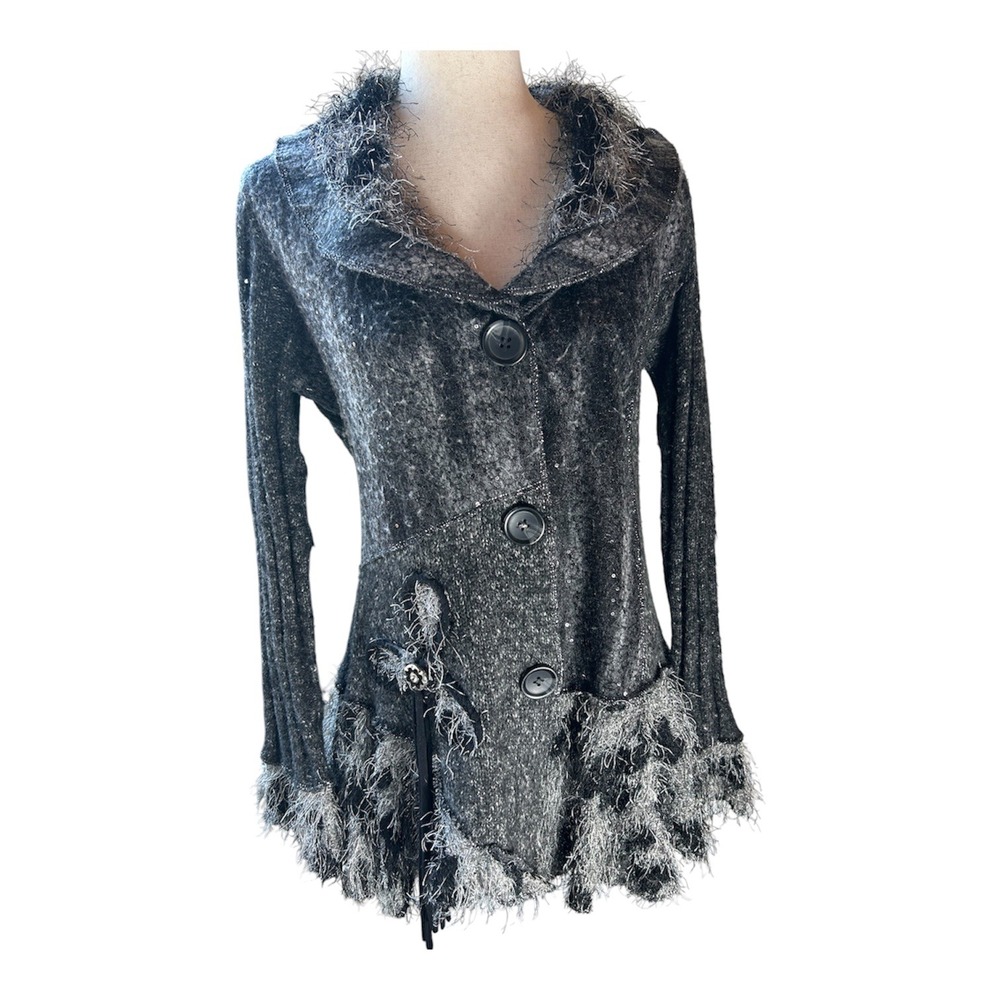 Milano Cardigan Sweater Women L Black Gray Eyelash Knit Sequin Floral